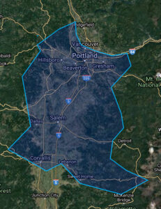 Map with blue overlay reaching Ridgefield, Vancouver Portland, Beaverton, Gresham, Hillsboro, Salem, Dallas, Corvallis, Lebanon, and Sweet Home